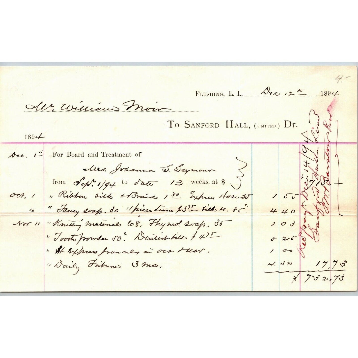 1894 Flushing, LI, NY Letterhead Sanford Hall (Sanitarium) Bill for Treatment