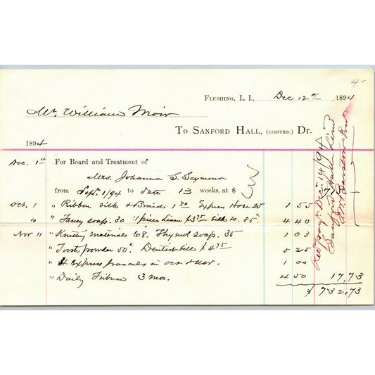1894 Flushing, LI, NY Letterhead Sanford Hall (Sanitarium) Bill for Treatment