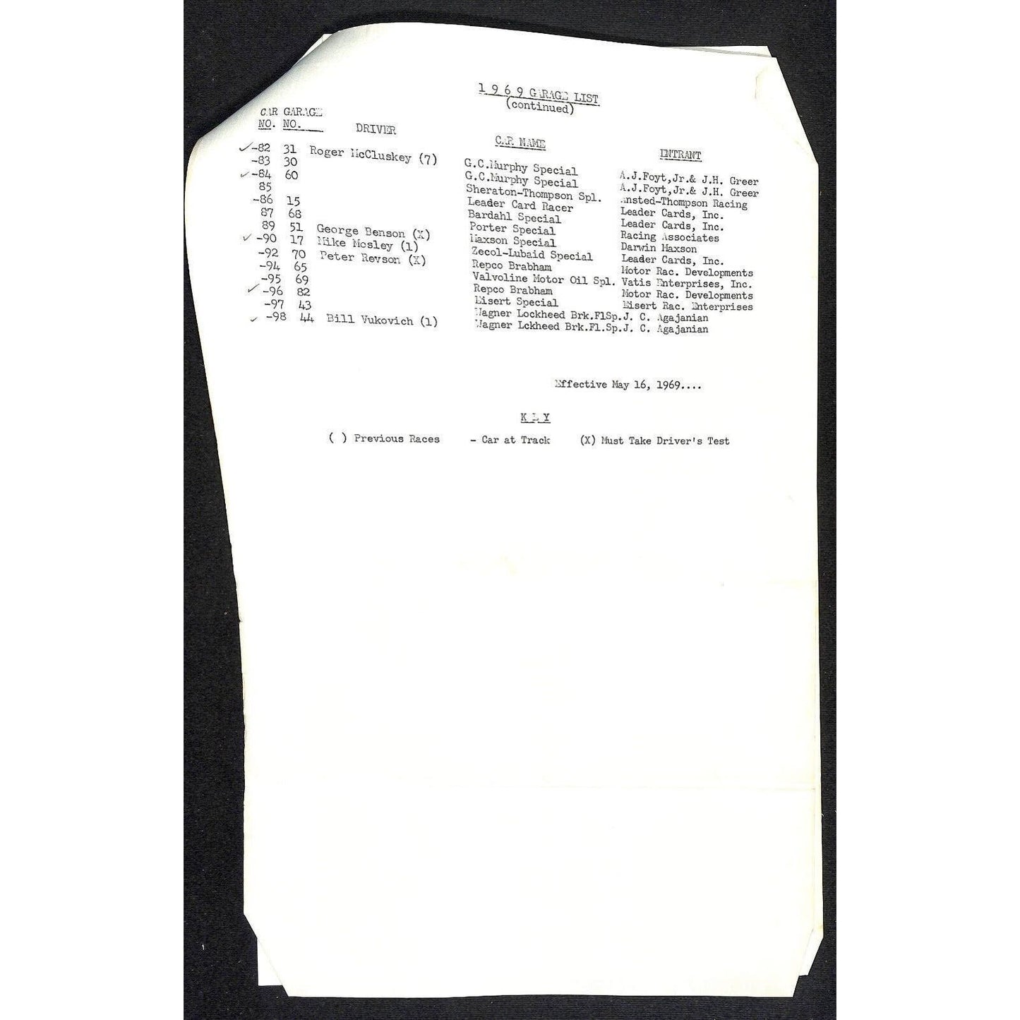 1969 Indy 500 Indianapolis Motor Speedway Garage List Al Bloemker 2pp