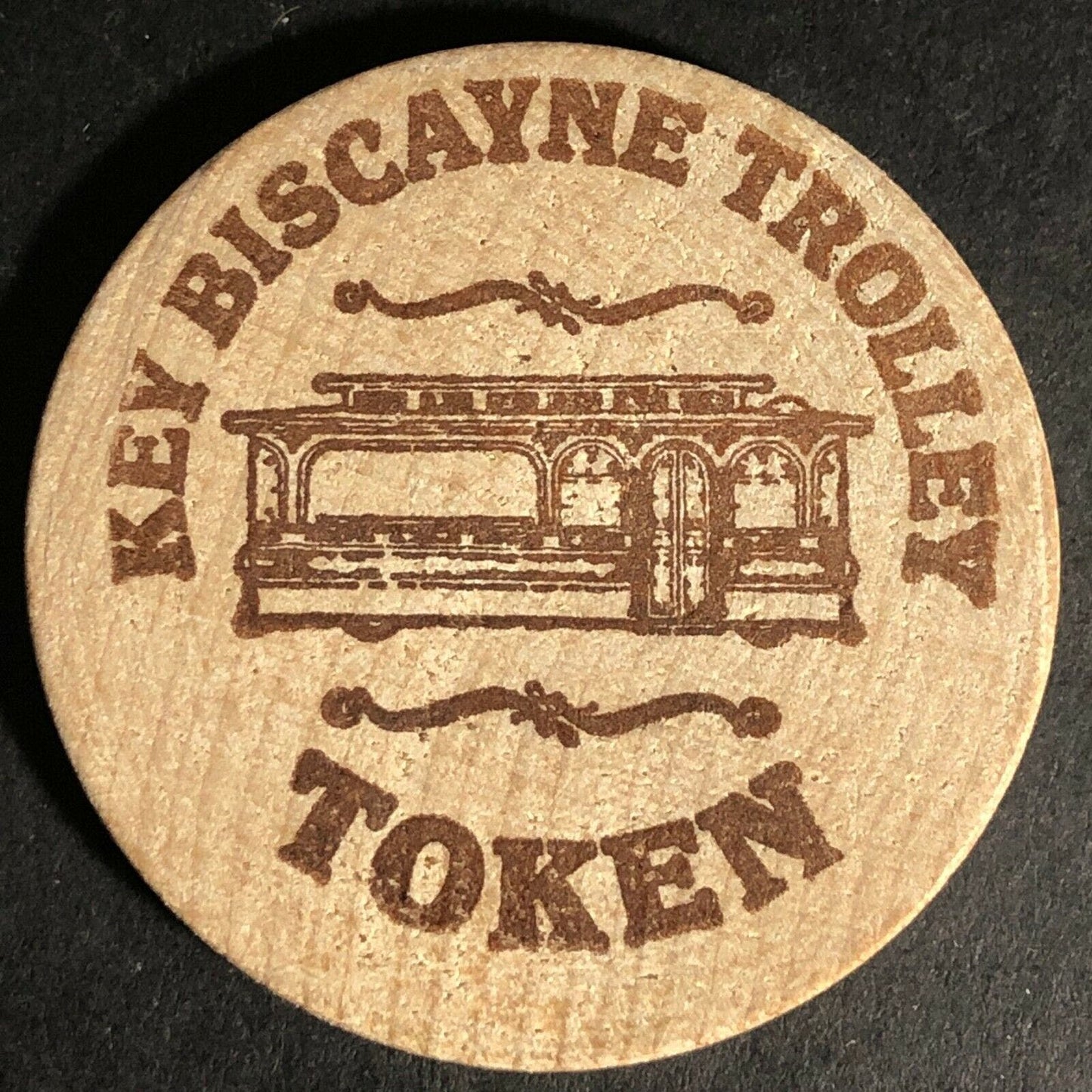c1980's-90's Key Biscayne (Florida) Trolley Wooden Nickel / Token 50c One-Way