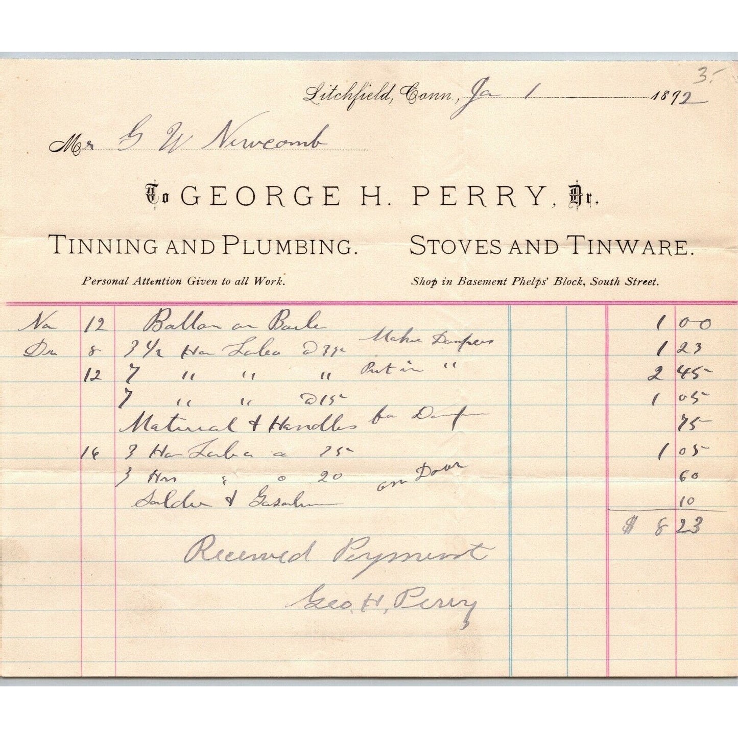 George H. Perry 1892 Letterhead Litchfield, Conn Tinning Plumbing Stoves Tinware