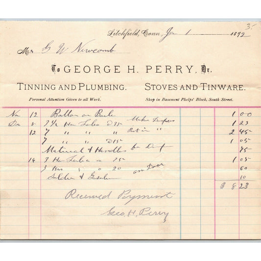 George H. Perry 1892 Letterhead Litchfield, Conn Tinning Plumbing Stoves Tinware