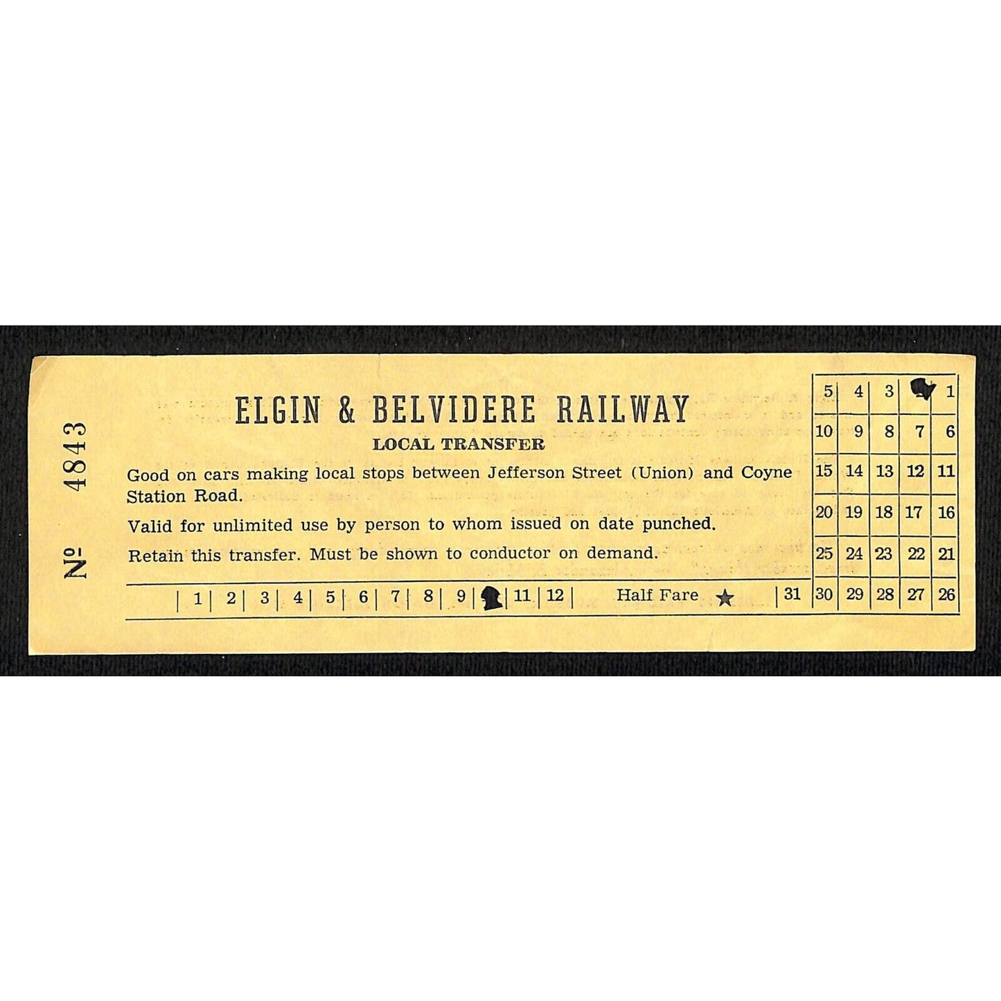 Elgin & Belvidere Railway Illinois Railway Museum Souvenir Transfer Ticket #4843