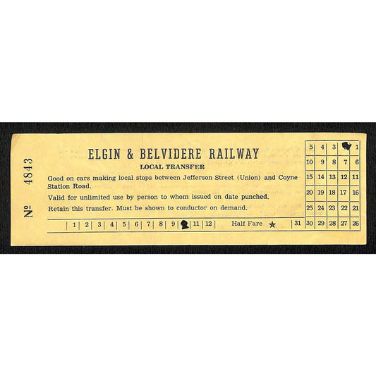 Elgin & Belvidere Railway Illinois Railway Museum Souvenir Transfer Ticket #4843
