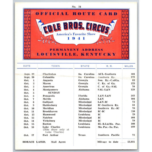 1941 Cole Bros Circus Route Card Georgia Alabama Mississippi Louisiana