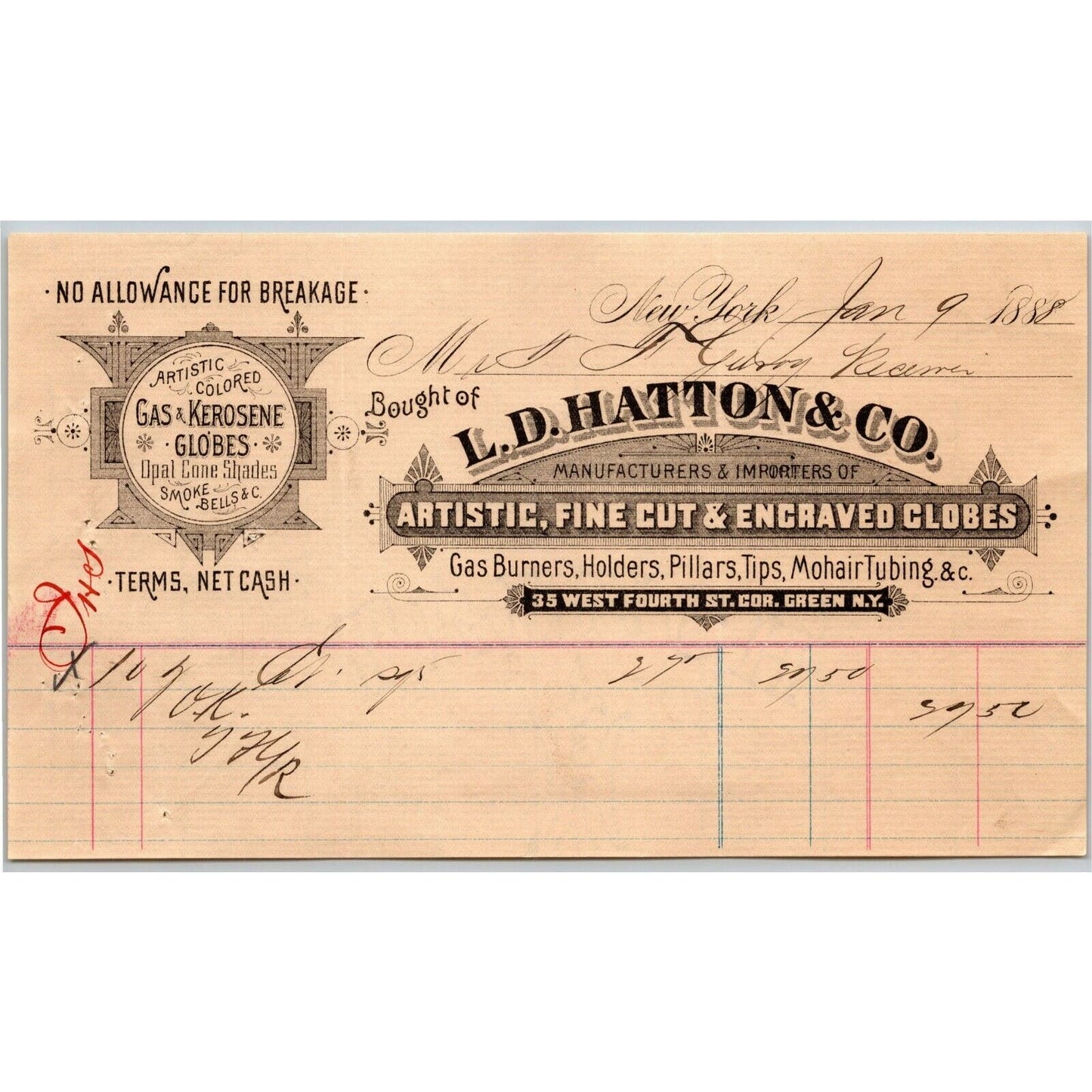 1888 L.D. Hatton & Co. Billhead Letterhead Gas Globes 38 West Fourth St NYC