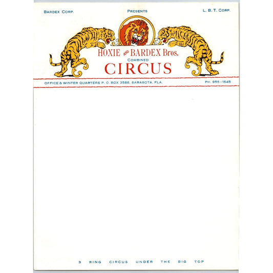 Hoxie and Bardex Bros. Circus Letterhead c1962 Tigers Sarasota Scarce