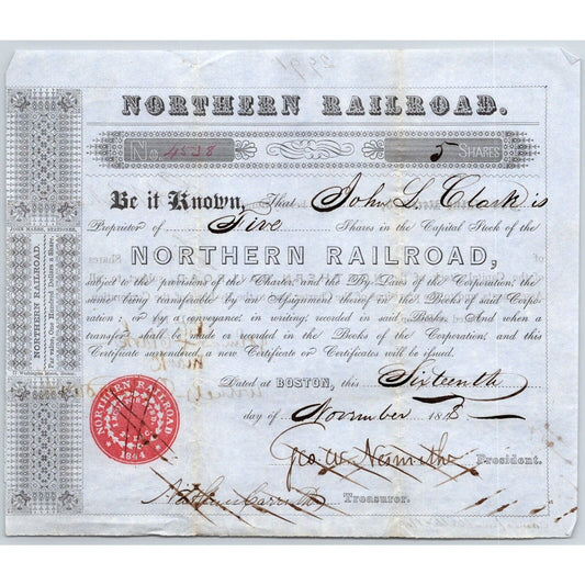 1848 Boston, MA Northern Railroad Stock Certificate No. 4538 for 5 Shares