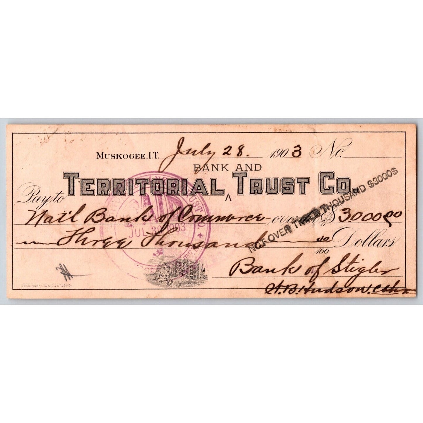 Muskogee, Oklahoma 1903 Indian Territory "Territorial Trust Co." Check Scarce