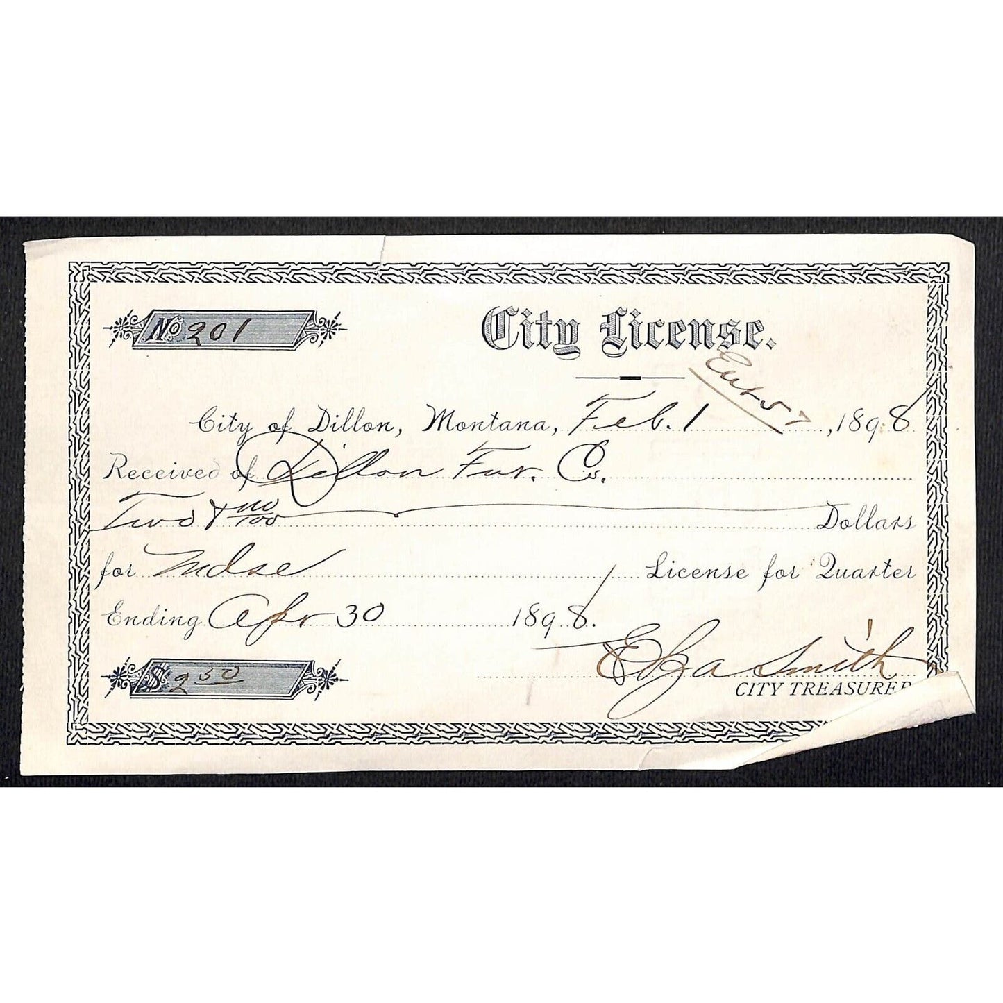 Dillon Montana 1898 City (Business) License Receipt for "Dillon Fur Co." $2