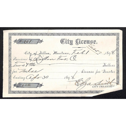 Dillon Montana 1898 City (Business) License Receipt for "Dillon Fur Co." $2