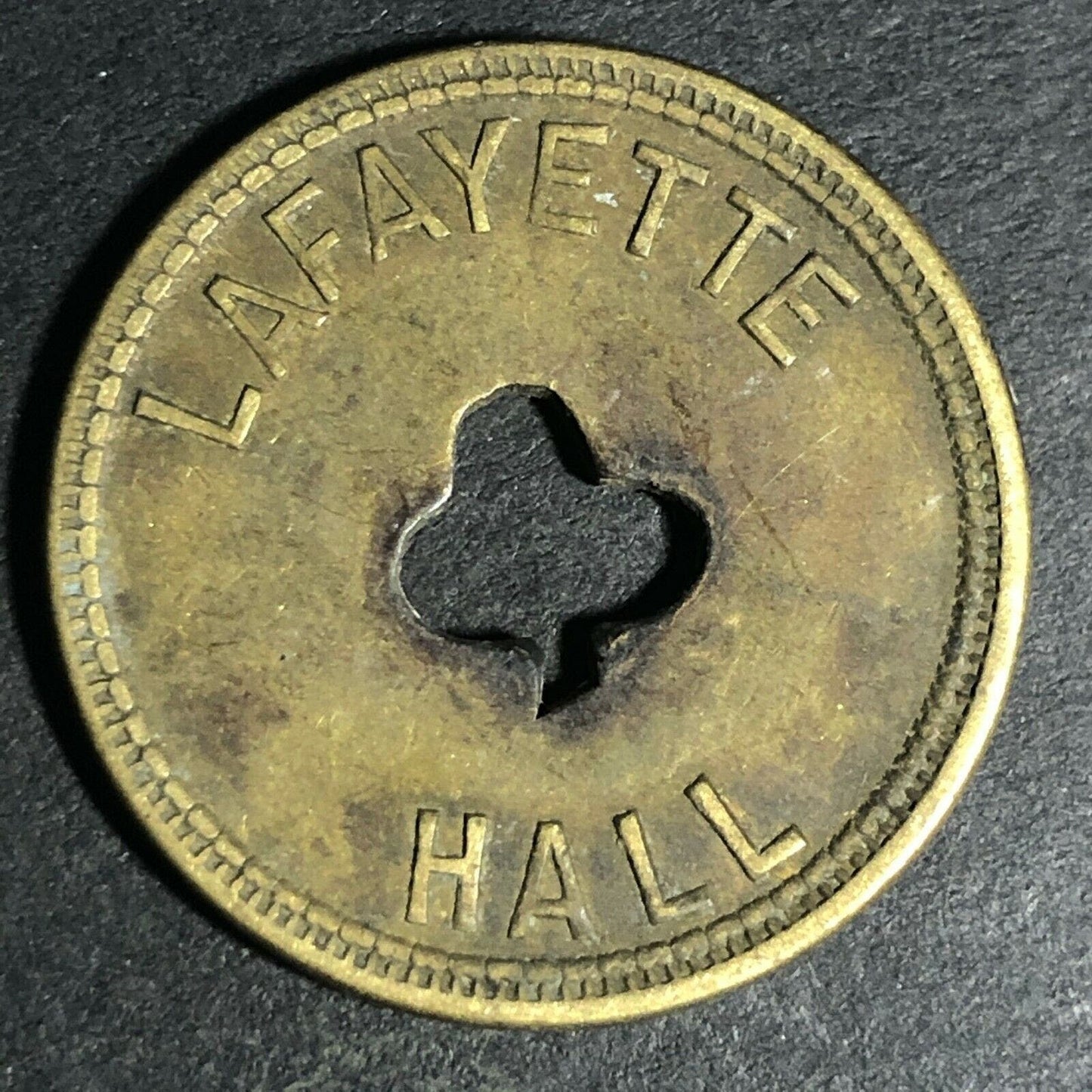 24.5mm Brass Lafayette Hall (Saloon Sacramento, CA) Token Clover Shamrock (#47)