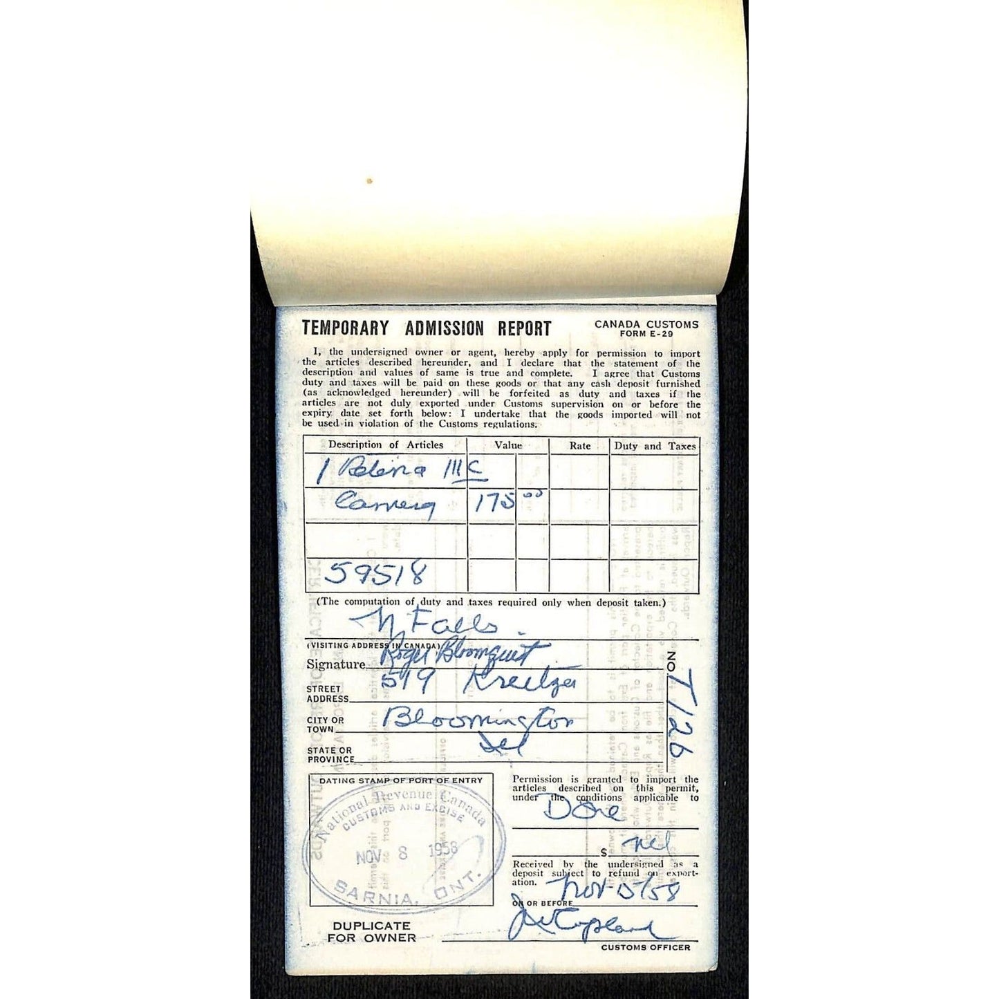 National Revenue Canada 1958 "Temporary Admission Report"