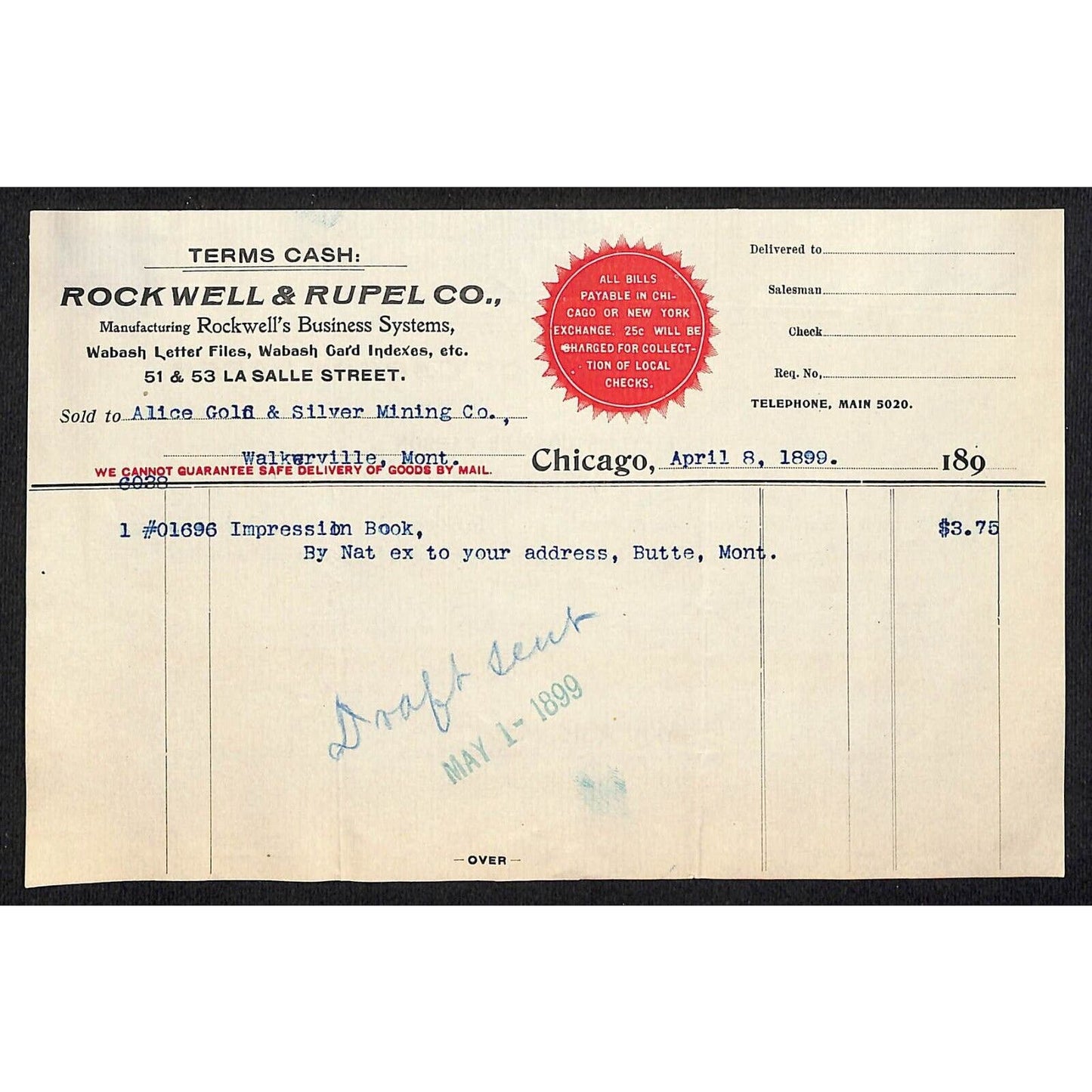 Chicago Rockwell & Rupel Co. Business Systems 1899 Billhead Alice Gold Silver