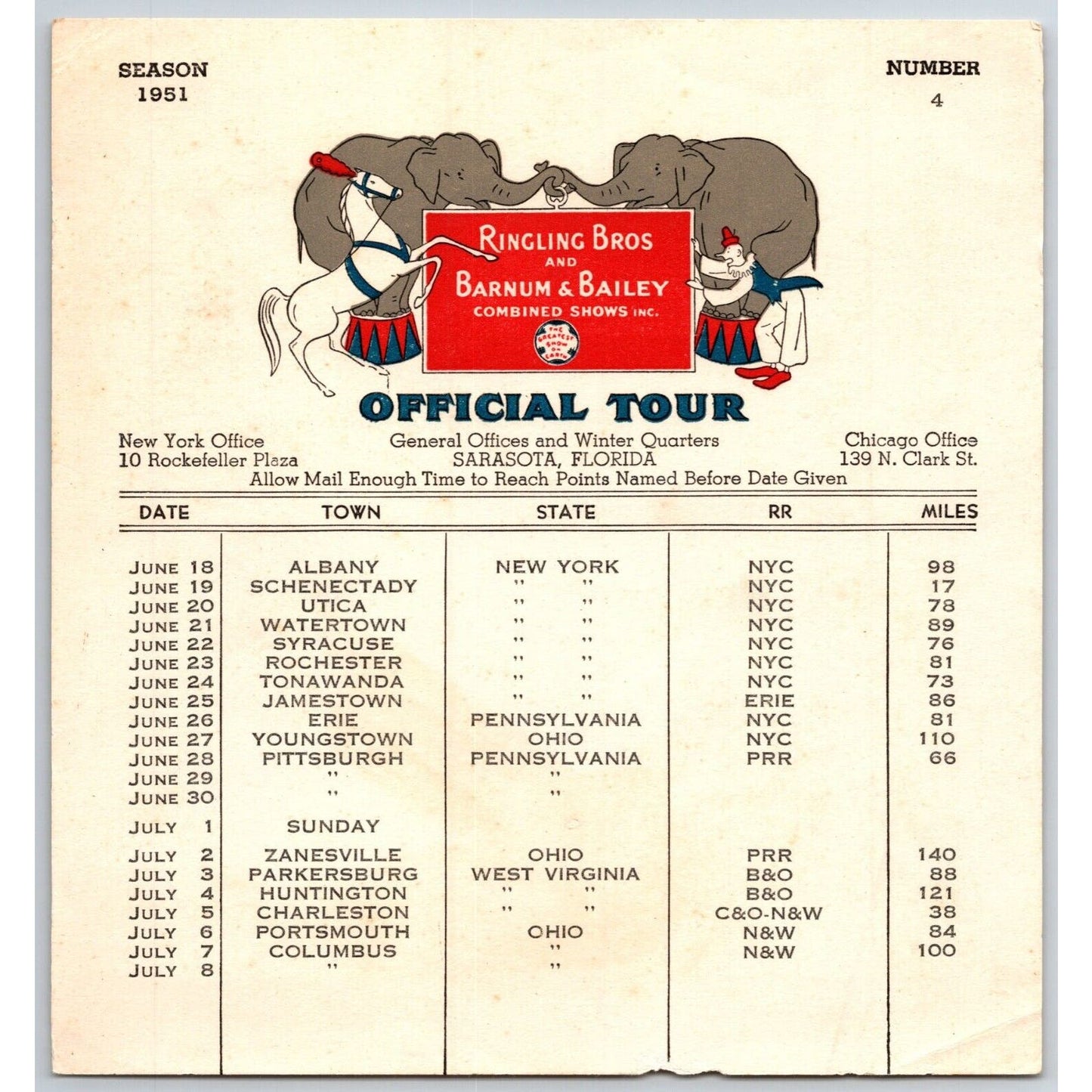 1951 Ringling Bros Barnum Bailey Circus Route Card Albany Utica Rochester Erie