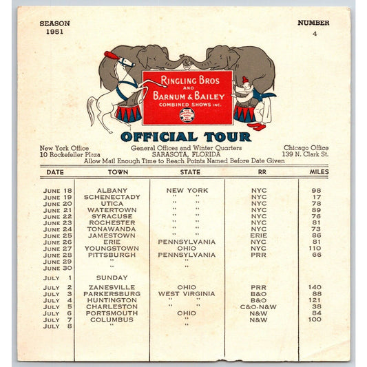 1951 Ringling Bros Barnum Bailey Circus Route Card Albany Utica Rochester Erie