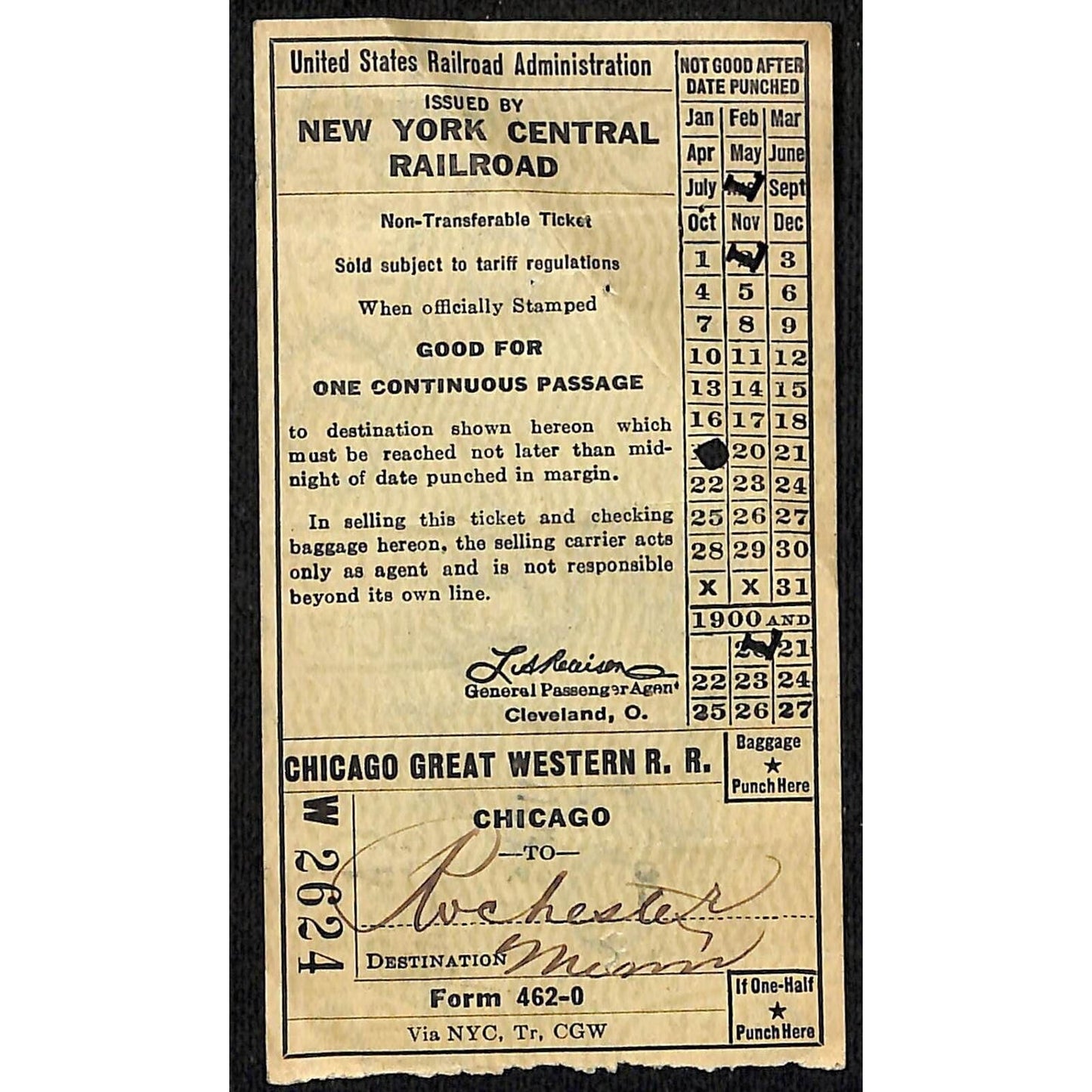 New York Central Railroad USRA* 1920 Ticket Chicago to Rochester, MN #2624