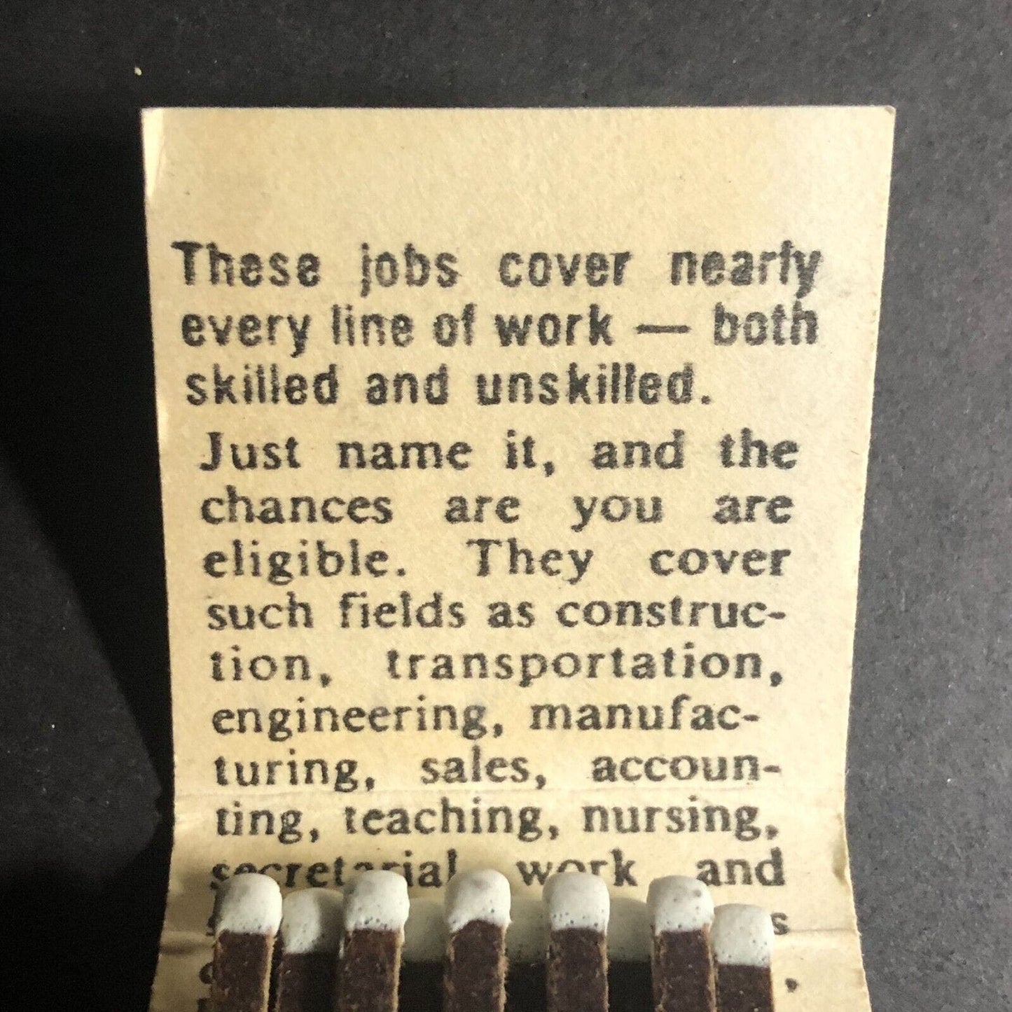 "Jobs Overseas - Big Money Fast" Work Offer Full Matchbook c1973-80