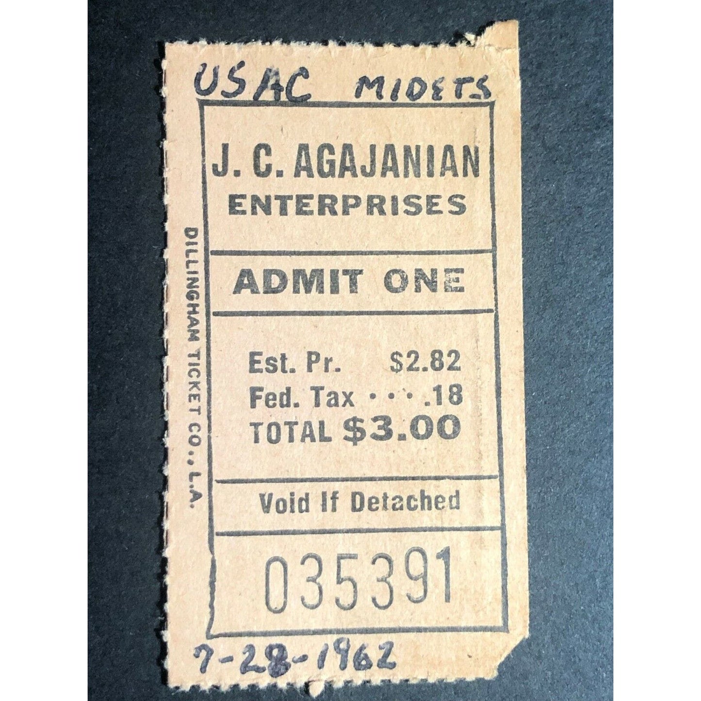 Vintage USCA Midget Race Racing Ticket San Bernardino Jul 28 1962