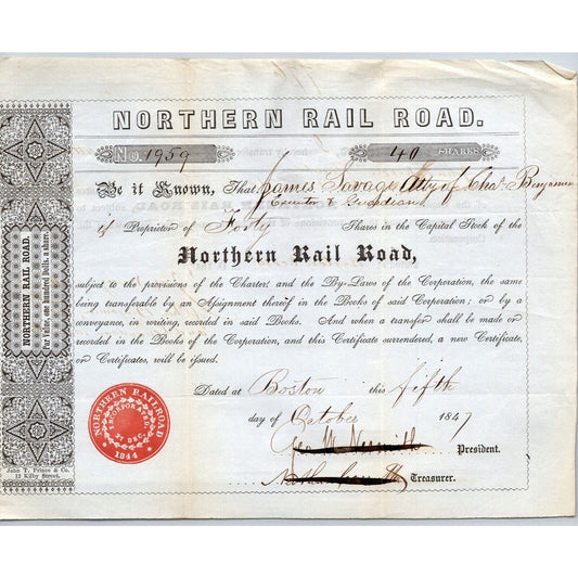 1847 Boston, MA Northern Railroad Stock Certificate No.1959 for 40 Shares