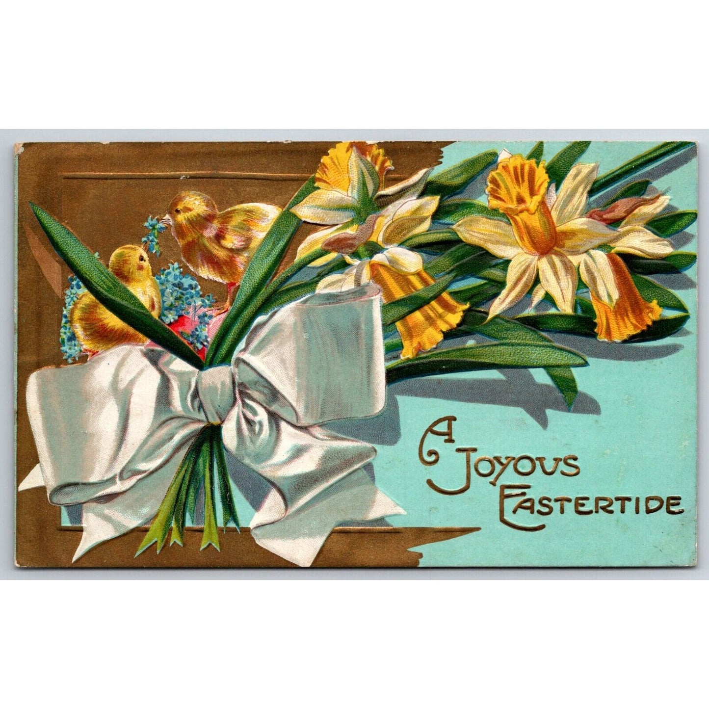 Easter Postcard "A Joyous Eastertide" Floral Baby Chicks Gilt Emb. c1920