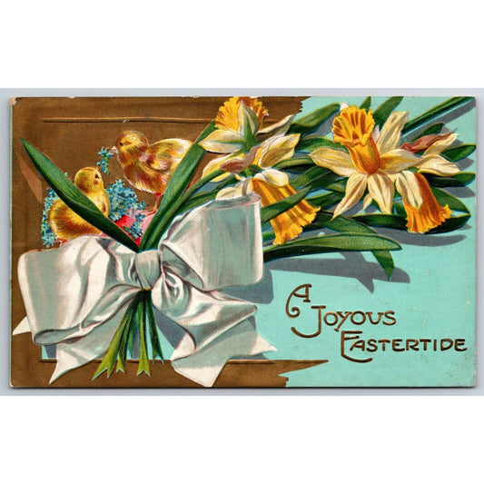 Easter Postcard "A Joyous Eastertide" Floral Baby Chicks Gilt Emb. c1920