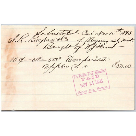1893 W.J. Hunt Fruit Grower Sebastopol, CA Letterhead S.R. Buford Montana Scarce