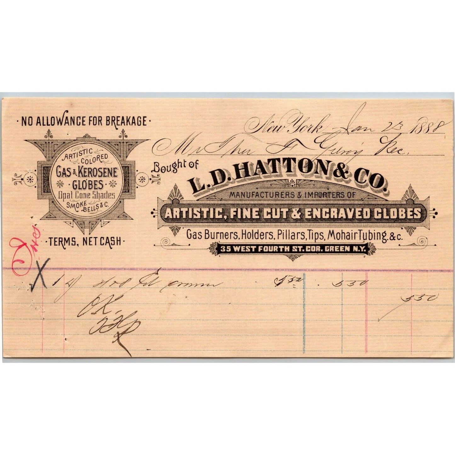 1888 L.D. Hatton & Co. Billhead Letterhead Fine Cut Globes 38 West Fourth St NYC
