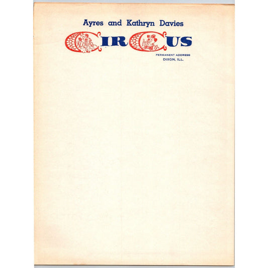 Ayres and Kathryn Davies Circus Letterhead c1946 Dixon, IL Clowns Scarce