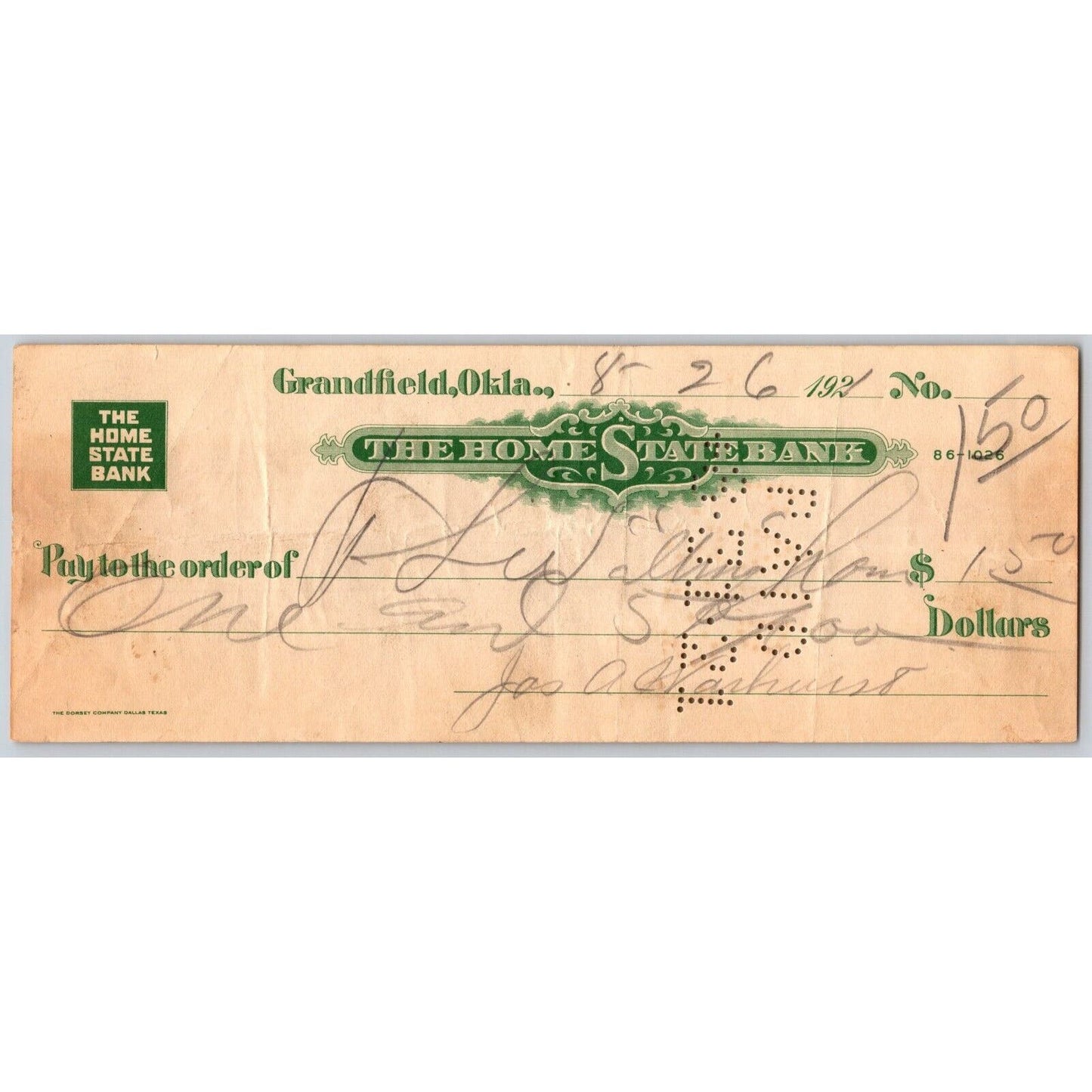 Grandfield, Oklahoma "The Home State Bank" 1921 Check Scarce