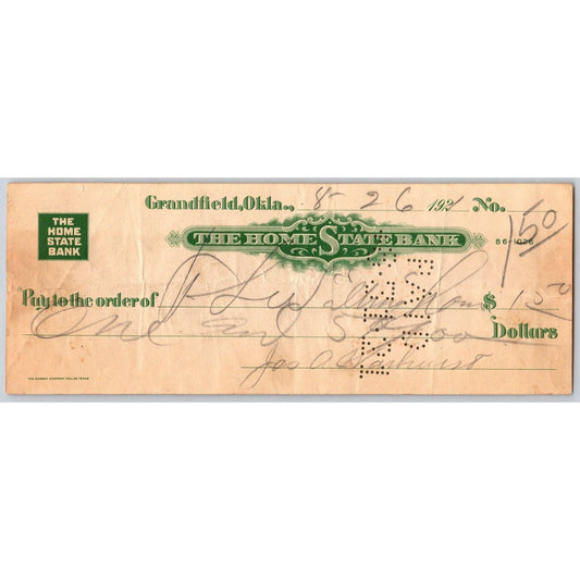 Grandfield, Oklahoma "The Home State Bank" 1921 Check Scarce