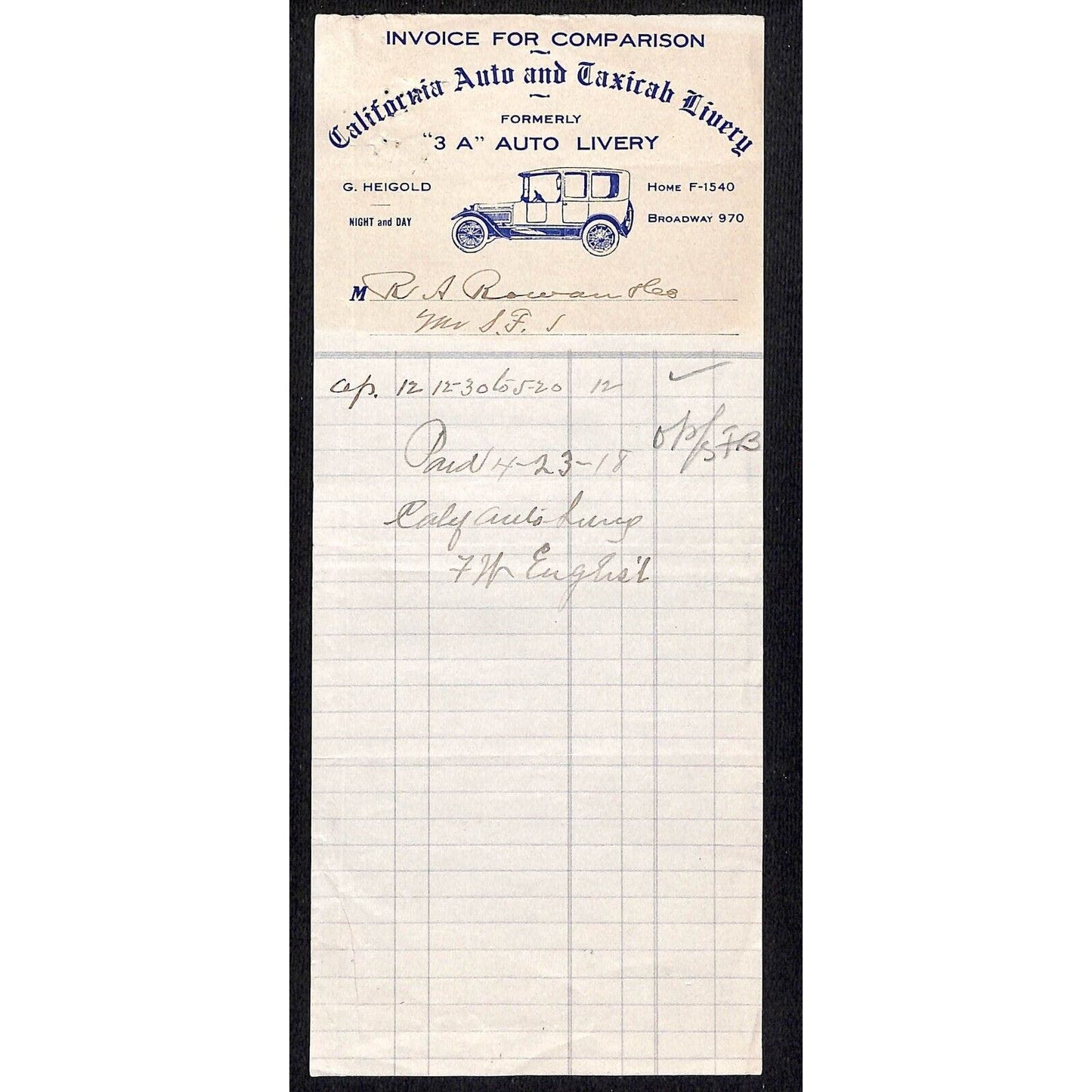 California Auto and Taxicab Livery April 12 1918 Billhead Letterhead R.A. Rowan