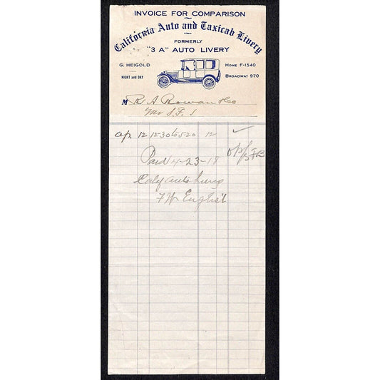 California Auto and Taxicab Livery April 12 1918 Billhead Letterhead R.A. Rowan