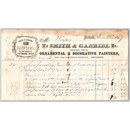 Detroit Letterhead Smith & Gabriel Ornamental & Decorative Painters 1869 w Stamp