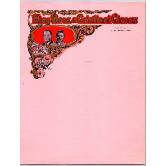 King Bros. & Cristiani Circus Letterhead Cincinnati w/ Gold Color Ink c1952
