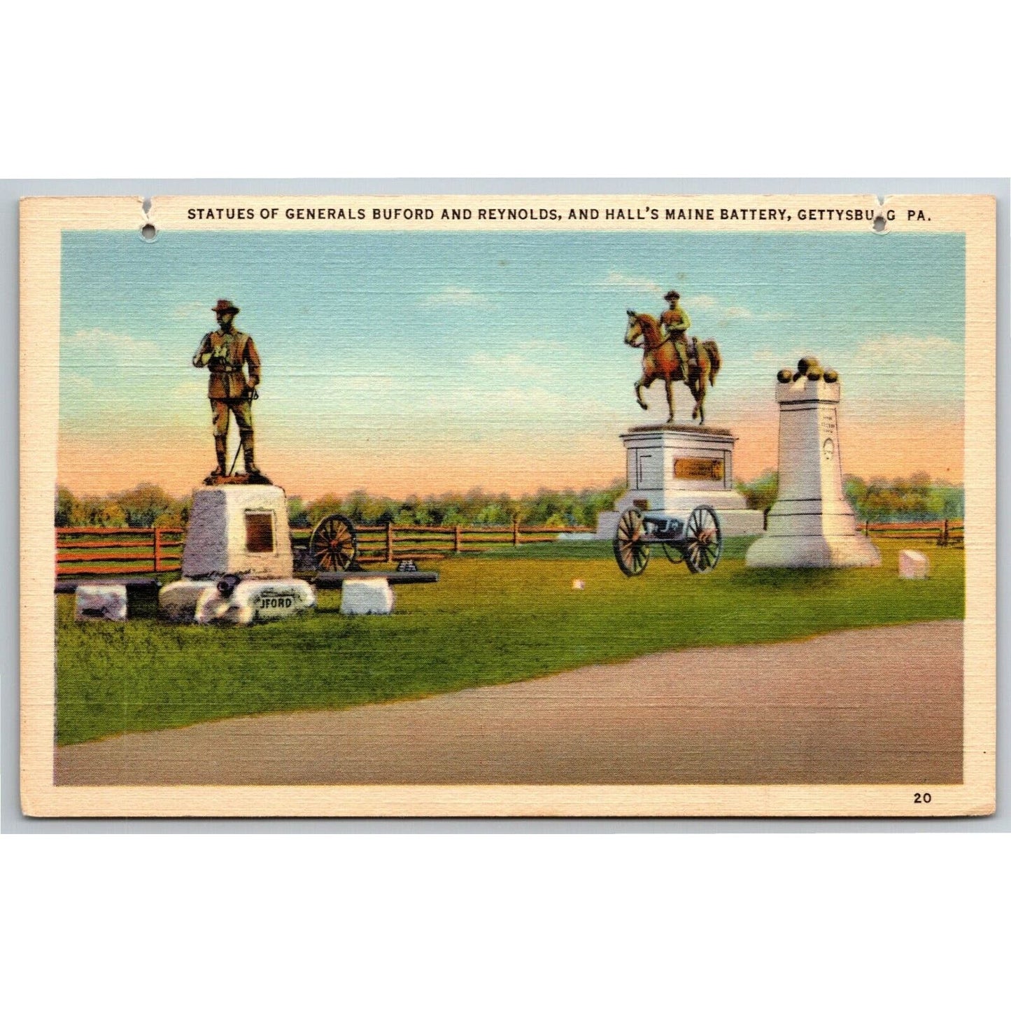 Vintage Linen Postcard Statues Buford Reynolds Gettysburg, PA Unposted