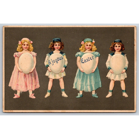 Easter Postcard "A Joyous Easter" 4 Girls Hold Large Message Eggs EMB. PM 1911