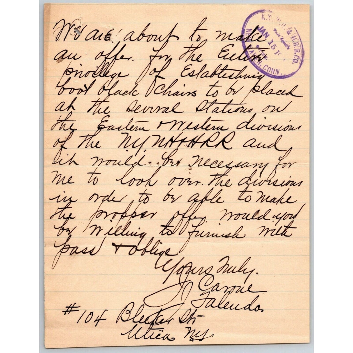 c1902 Railroad Letter to NY NH Hartford "Establishing Boot Black Chairs"