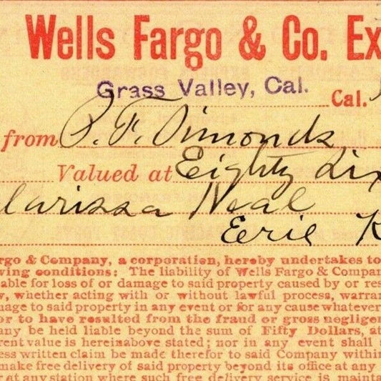 1908 Wells Fargo & Co Express - Grass Valley CA - $104.18 Money Receipt