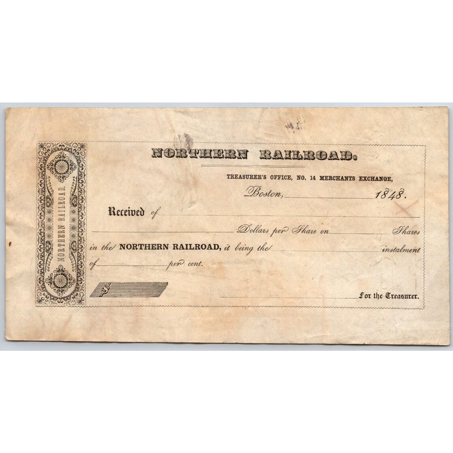 1848 Boston, MA Northern Railroad Unused* Treasurer Stock Receipt