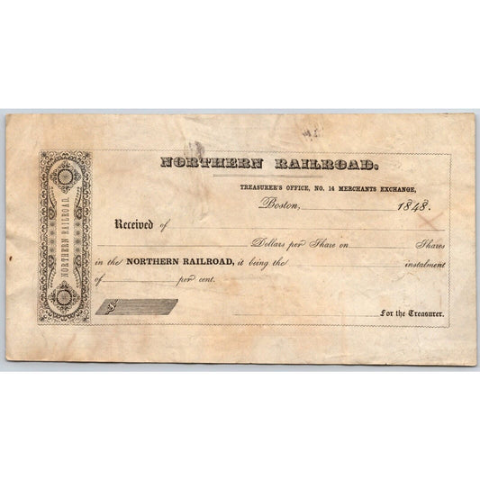 1848 Boston, MA Northern Railroad Unused* Treasurer Stock Receipt