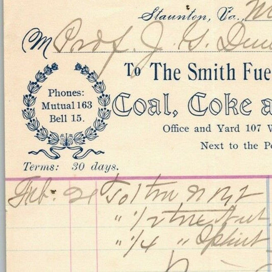 1903 Scarce Smith Fuel Co. Coal Coke Wood Billhead Letterhead Staunton, VA