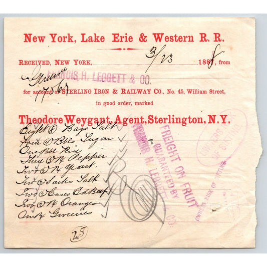New York, Lake Erie & Western R.R. 1888 Railroad Freight Billhead Leggett & Co.