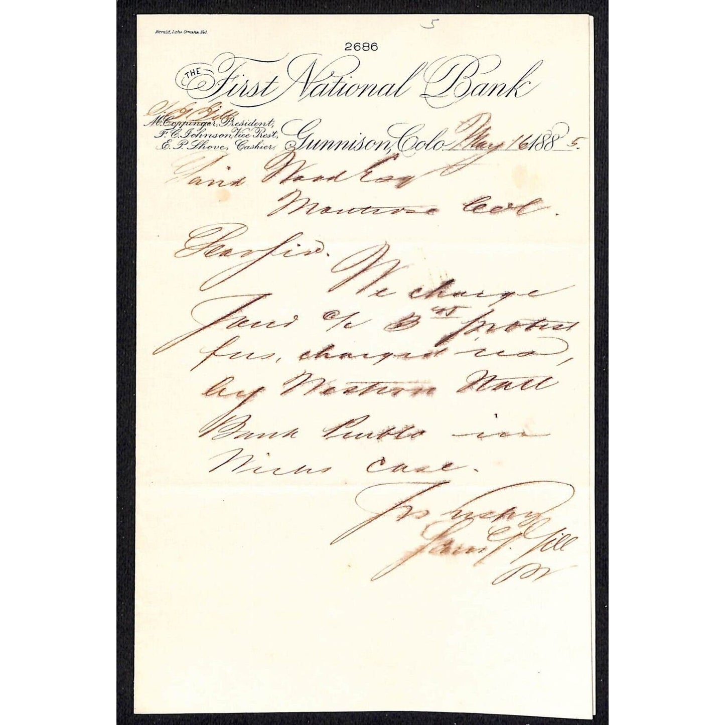 1885 First National Bank Gunnison, CO David Wood Montrose, CO Letterhead