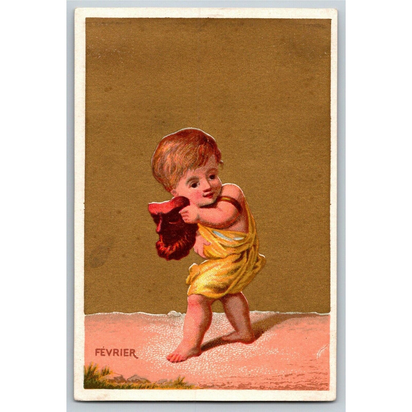 Gilt "Fevrier" Child w/ Lincoln Mask (Soapine) Unmarked Victorian Trade Card
