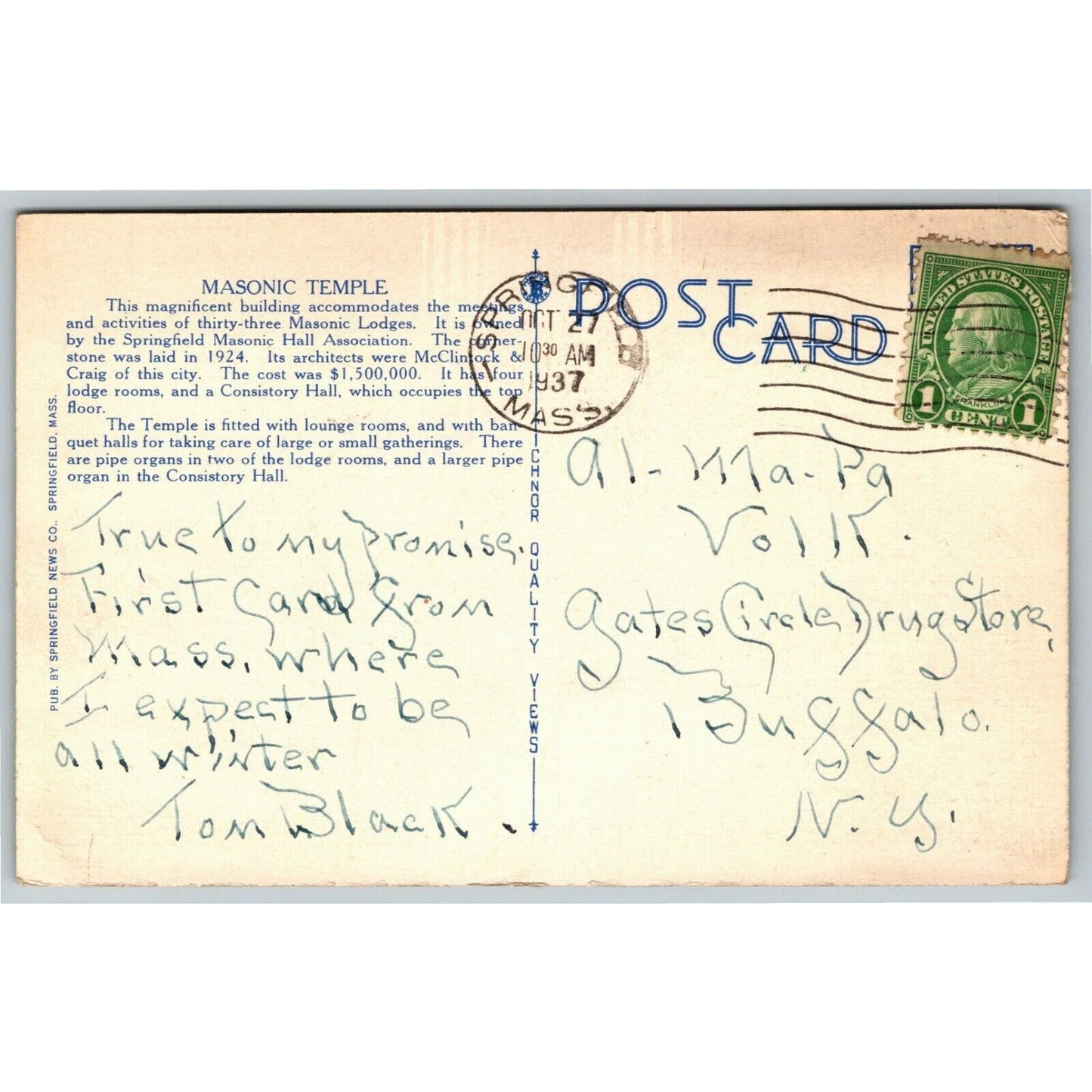 Vintage Linen Postcard Masonic Temple, Springfield, MASS - Posted 1937