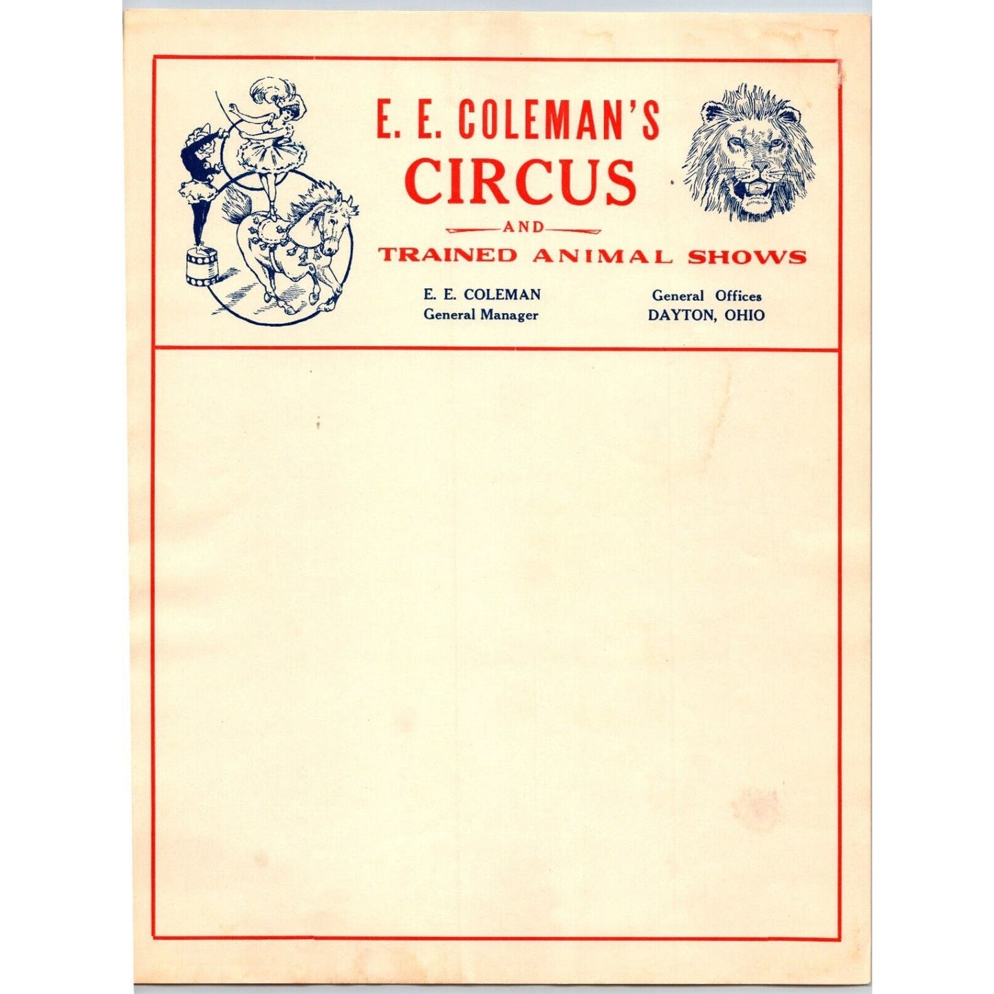 E.E. Coleman's Circus Letterhead c1926-29 Trained Animals Dayton, OH Scarce