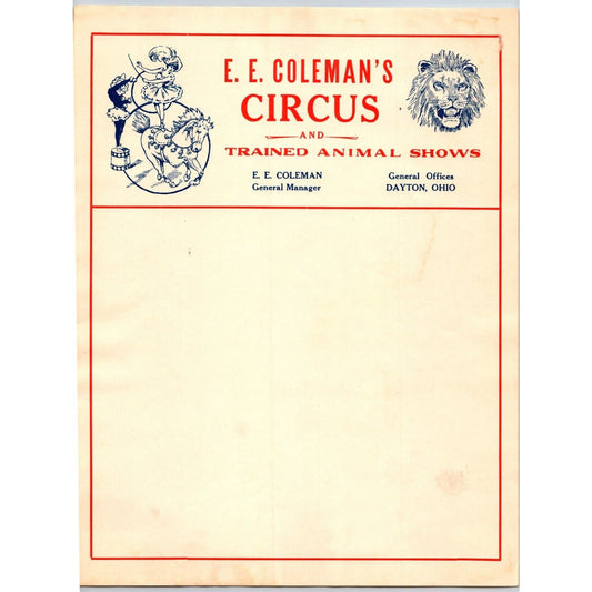 E.E. Coleman's Circus Letterhead c1926-29 Trained Animals Dayton, OH Scarce