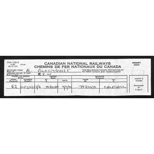 Canadian National Railways 1975 Fare Refund Receipt