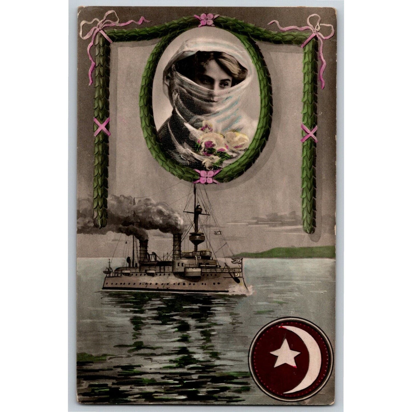 Scarce c1912 Vintage Postcard Naval? Tunisian? Flag Steam Boat / Ship - Glossy